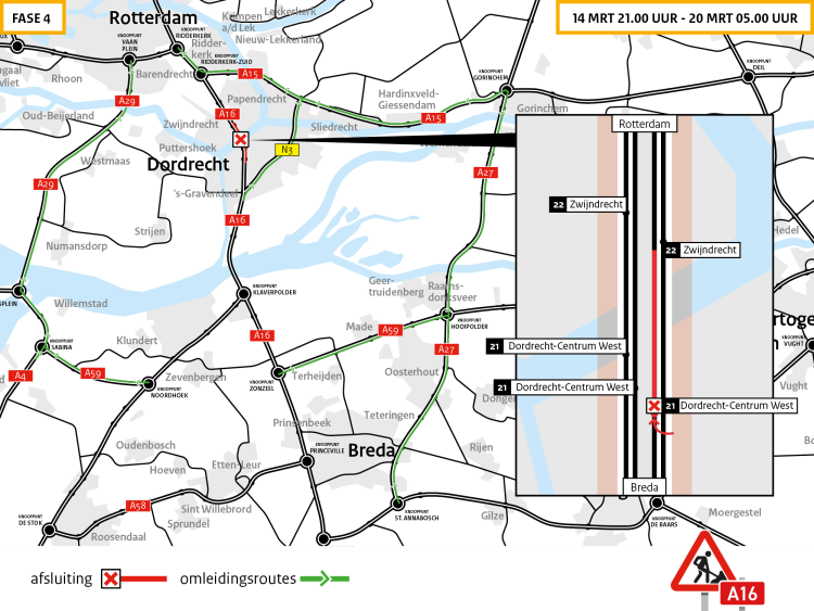 Forse hinder verwacht van 14 tot 20 maart tijdens laatste fase werkzaamheden Drechttunnel (A16) richting Rotterdam