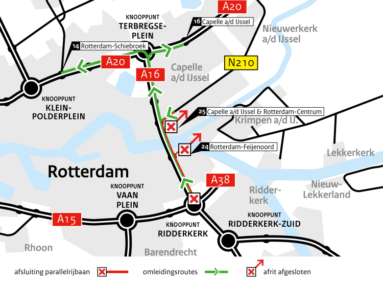 Onderhoud Van Brienenoordbrug (A16): parallelbaan richting Rotterdam dicht rond Hemelvaart en Pinksteren